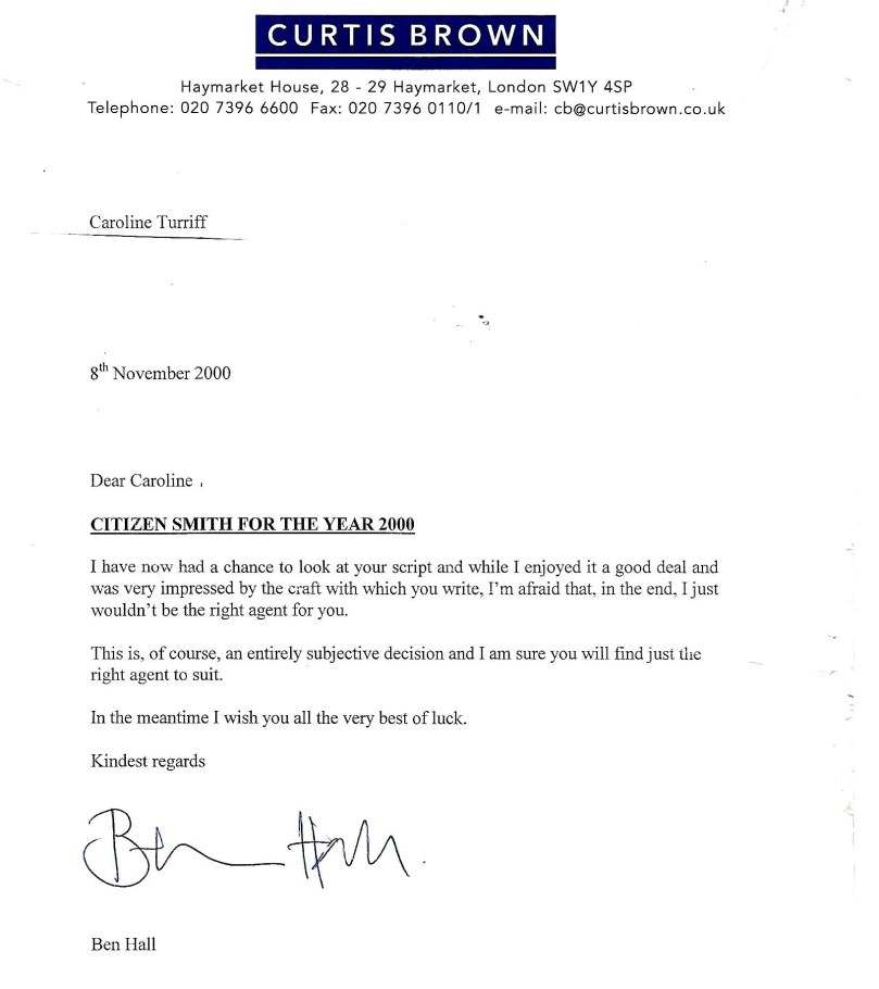 Ben Hall CEO of top London literary agency Curtis Brown writes me very positive letter about my comedy script